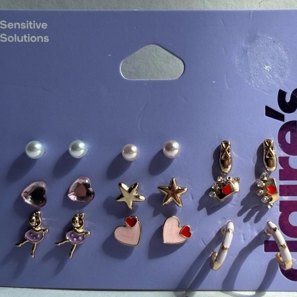 Claire’s 9 earring set NEW Sensitive Solutions Gold Pink Ballerina Ballet Crown - Picture 2 of 5
